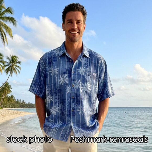 MODA CAMPIA Mens Hawaiian Aloha Luau Shirt XL Button Up Blue Palm Trees Print - Picture 2 of 6